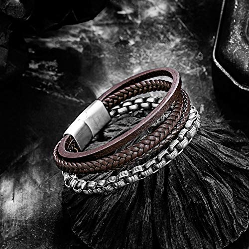 Image of Men's Leather and Steel Chain Bracelet with Clasp