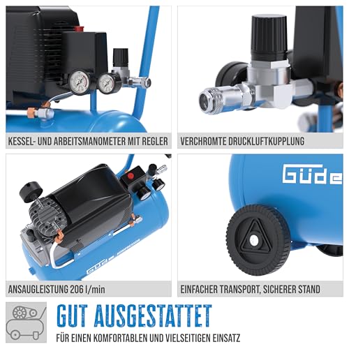 Güde Compressor 231/10/24 (oliegesmeerd, max. 10 bar, 1500 W, ketel 24 l, aanzuigvermogen 206 l/min, drukregelaar, 2 x manometer, veiligheidsventiel, condensaatafvoerschroef, luchtfilter, mobiel) - Afbeelding 4
