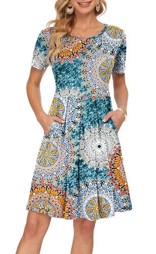 AUSELILY Women's Short Sleeve Pleated Loose Swing Casual Dress with Pockets Knee Length Print Green 2XL