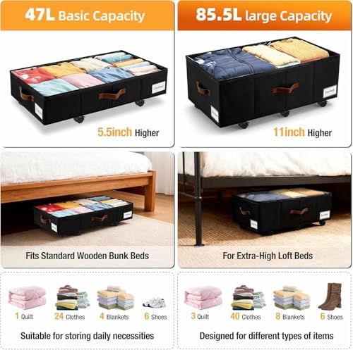 Image of Under Bed Storage with Wheels,Underbed Storage with Sturdy Sidewalls /Bottom, Clear Cover, Label and PU Handle, Rolling Under Bed Drawers for Clothes, Shoes, 11 Inch Height,Black, 4 Pack