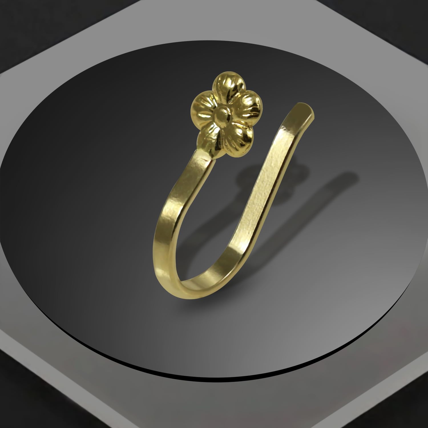 Pendiente de nariz de oro amarillo macizo con diseño floral en relieve, sin perforación, anillo de nariz de imitación