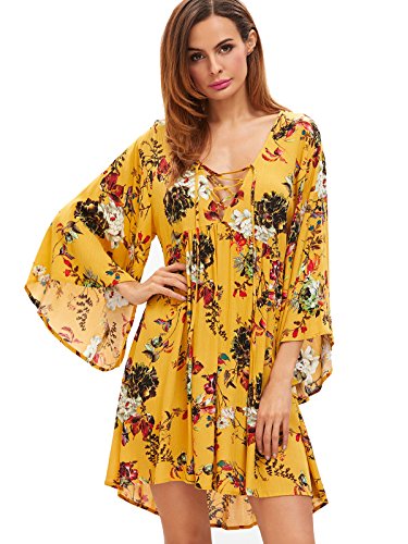 Milumia Women Boho Floral Print Flared Vacation Flowy V Neck Mini Dress Multicoloured X-Large