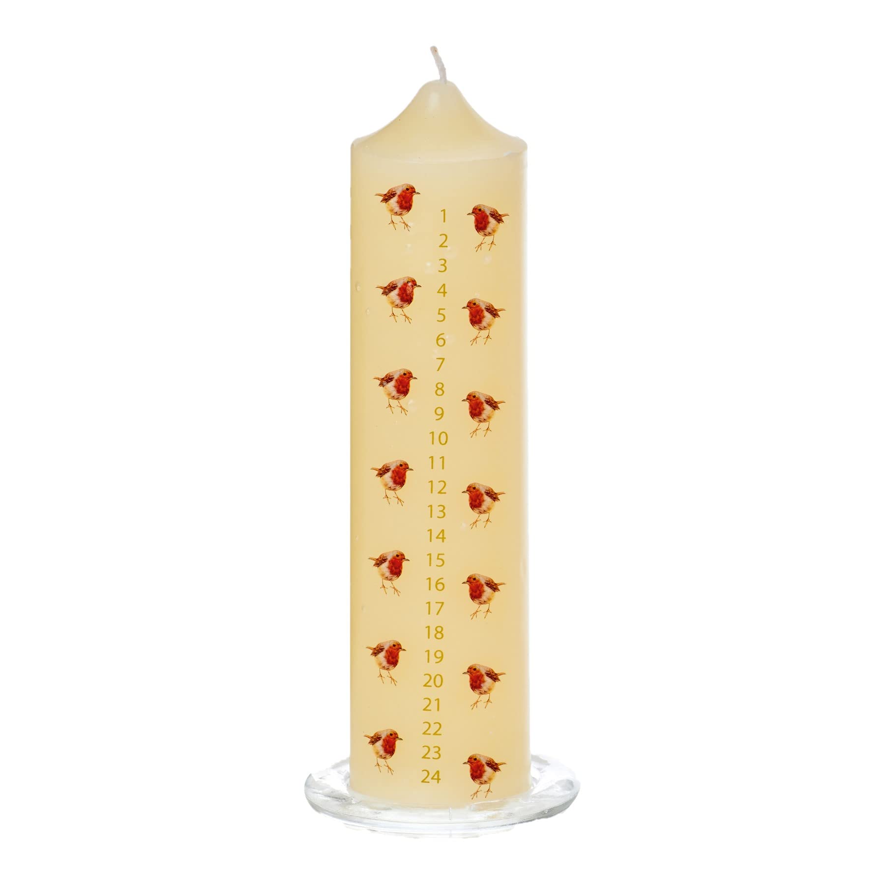 Widdle Gifts Ivory 20Cm Christmas Advent Candle With Robin Image On Glass Tray