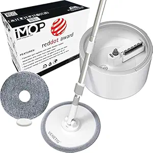 VENETIO iMOP Microfiber Spin Mop and Bucket Set with Patented Internal Water Filtration System, Self Cleaning Dry & Wet Flat Floor Mop for Home Hardwood, Tile, Ideal for Pet Owners, White/Gray, 2 Pads