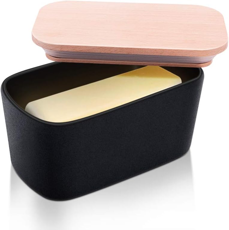 Butter Dish, Krokori Stoneware Ceramic Butter Dish Butter Container Margarine Dish with Wooden Lid Food Storage Box for Daily Use