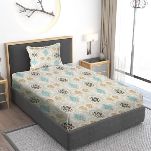 Home Stylish 280 TC Floral Print Ezyption Cotton 1 Single Bedsheet with 1 Pillow Cover DmasK Beige