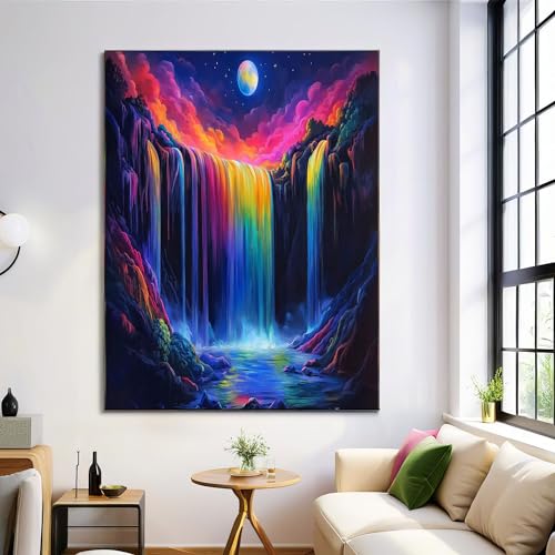 DLERFLOVR Cataratas Del Arcoíris Cuadros Decoracion Salon Estilo De Pintura Con Luz Negra Lienzo Decorativos Pintura Imagen Foto cuadros Decorativos Salon Comedor Dormitorio 80l x 120an cm, Negro