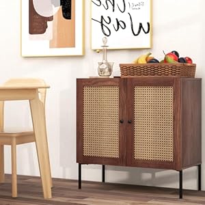 Giantex buffet cabinet wood sideboard storage cabinet with rattan door 3 position adjustable shelf freestanding coffee bar accent cabinet kitchen cupboard organizer for living room hallway  urban country home decor