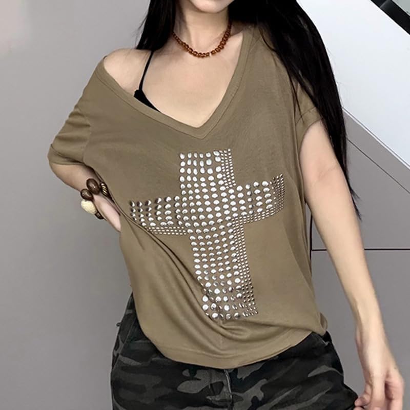 Punk Goth Cross Graphic Tshirts Emo Grunge Off Shoulder Summer Y2K Vintage Shirt Top 90s Fairy Harajuku Tee Clothes - Image 4