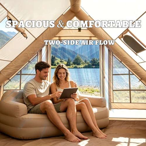 Image of Inflatable Camping Tents with Hand Pump, Air Glamping Tents, Easy Setup Waterproof and Windproof Blow up Tent, 4 Seasons Oxford Cabin Tent with Mesh Window & Stove Jack.
