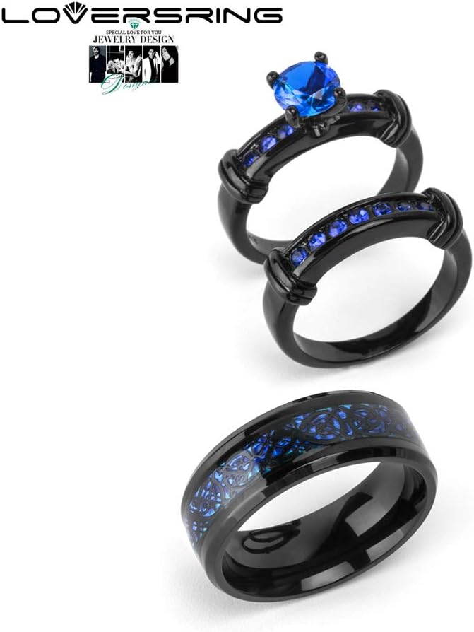 Couple Ring Bridal Set His Hers Black Gold Plated Blue CZ Stainless Steel Wedding Ring Band