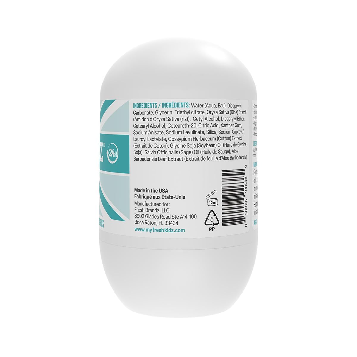 Fresh Kidz Roll On Deodorant for Kids and Teens - Baking Soda and Aluminum-free 24 Hour Protection for Sensitive Skin - Unscented "Green" 1.86 fl.oz. (3 Pack)