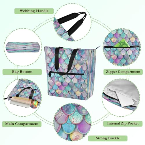 Mermaid Scale Book Tote Bag,Large Capacity Handbag with Zipper Perfect for School,Travel,Shopping3