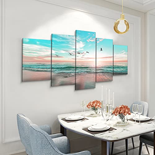 Ephany Modern Ocean Beach Wall Art Art - Sunrise Sea Landscape Wall Art, Canvas Wall Art 5 Pieces, Blue Sea Sky Picture Wall Decor, Office Wall Decor Living Room Wall Picture (D-5Pcs,80"X40") #TOP1