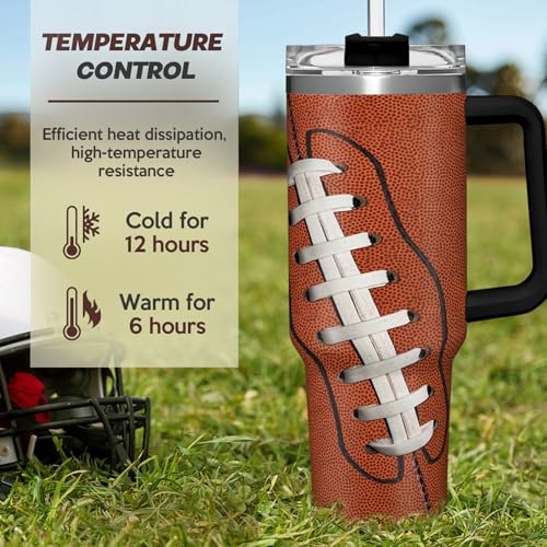 Image of Football Tumbler with Handle 40oz Insulated Stainless Steel Cup with Lid & Straw, Travel Cup, Gifts for Men, Boys, Players, Coaches, Sports Lovers, Christmas, Birthday