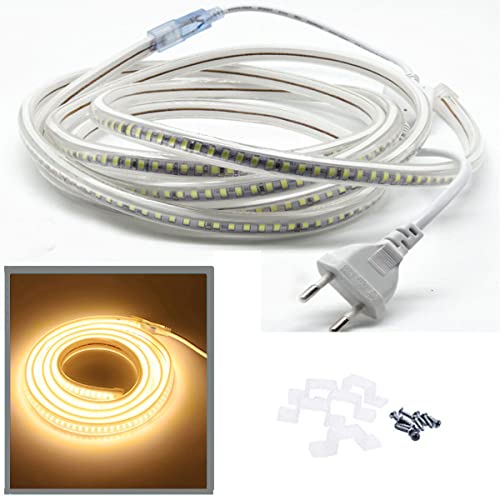 FOLGEMIR 25 Meter Warmweiß LED Band, 2835 SMD 144 Leds/m Lichtleiste, 220V 230V LED Strip, sehr helle Beleuchtung - ca. 900 LM pro Meter, IP65 wasserdicht