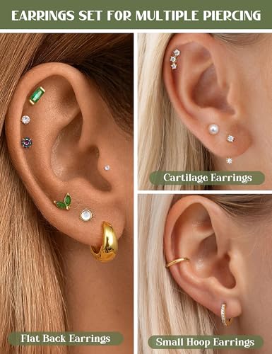 BESTEEL Hypoallergenic Flat Back Earrings - 14K Gold Cartilage Earring Sets for Multiple Piercing, 20G Surgical Stainless Steel Earrings for Women, Small Hoop Flatback Stud Earring Stacks4