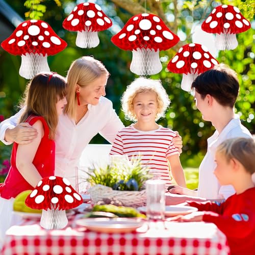 Image of 8PCS Mushroom Honeycomb Decor Mushroom Shaped Tissue Paper Pom Decorations for Jungle Wonderland Themed Birthday Party 3D Mushroom Honeycomb Centerpiece for Fairy Baby Shower Garden Decoration