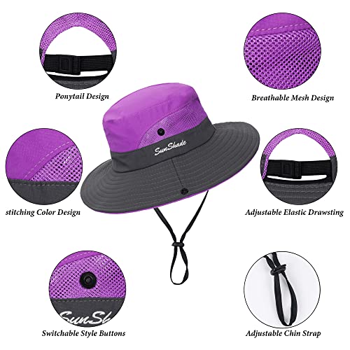 Image of Sun Hat for Women Summer UV Protection Beach Hat Wide Brim Mesh Bucket Fishing Hat with Ponytail Hole Foldable Packable Hat