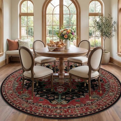 RELEANY Washable Area Rug, Round 7ft, Red/Black