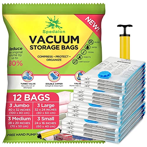 Spedalon 12 Vacuum Storage Bags for Clothes - Jumbo, Large, Medium & Small - Space Saver Vacuum Bags for Comforters, Blankets, Bedding, Pillow - Cruise Travel Essentials, Seal Bags Clothing with Pump Spedalon 12 Vacuum Storage Bags for Clothes - Jumbo, Large, Medium & Small - Space Saver Vacuum Bags for Comforters, Blankets, Bedding, Pillow - Cruise Travel Essentials, Seal Bags Clothing with Pump