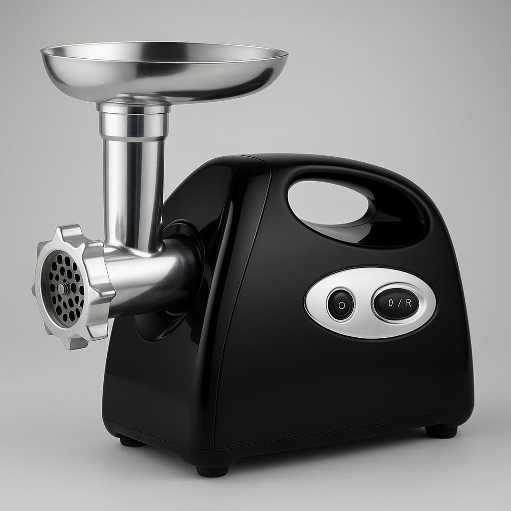 MAXELLPOWER Picadora de Carne 1200W Profesional con 3 Discos de Corte, Cuchillas Inox, Función Reversa, Accesorios para Salchichas, Bandeja Metálica Extraíble, Cabezal Desmontable, (NEGRO)