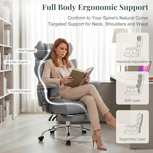 Image of Big and Tall Ergonomic Office Chair,400 LBS,High Back Reclining PU Leather Gaming Chair with Footrest, Adjustable Armrests, Lumbar Support, Executive Desk Chair for Home Office, Grey