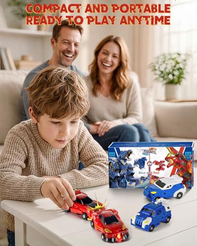 Image of Yivsen Collision Transforming Dinosaur Car Toy, 2 in 1 Magnetic Cars Transform into Dinosaur Toys, Car Crash Dino Robot Toy for Kids, Ideal Birthday Party Gift Toys for Kids Boys Girls, Red Blue