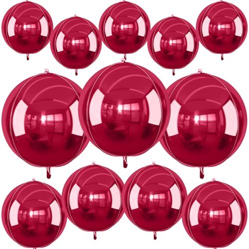 Image of 12PCS Burgundy Red Round Foil Balloons 22 inch 15 inch 10 inch Large Mylar Balloons | Metallic Maroon Red 4D Ball Balloons for Birthday Party, Graduation, Wedding, Christmas, New Year, Disco Prom Party Decor