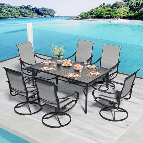 Image of PHI VILLA 7 Piece Outdoor Patio Dining Set, 6 Swivel Patio Chairs & 1 Rectangular Large Metal Table, All Weather Dining Furniture Set for Lawn Garden (Gray)