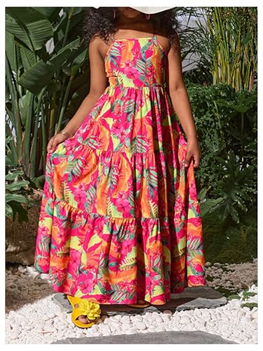 Girl's Cute Floral Cami Dress Tropics Hawaiian Boho Flowy Long Maxi Dresses Bow Back A Line Beach Summer Sundress4