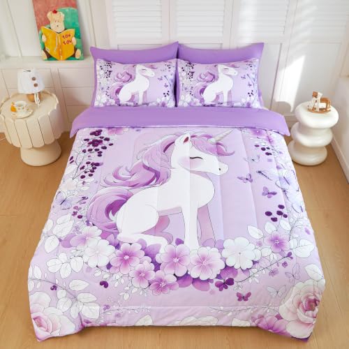Image of Twin Bedding Set for Girls 5 Piece Purple Unicorn Comforter Set for Girls Super Soft Microfiber Bed Set Bed in a Bag with Comforter Sheets Pillowcase & Sham (5 Piece Twin Size)