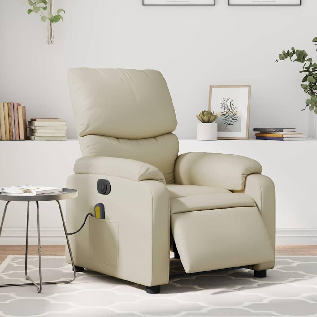 Massagesessel elektrisch Creme Kunstleder mit 6-Punkt-Vibrationsmassage, Elektromotor für Rückenlehne und Fußstütze, bequemer Polstersessel mit stabilem Holz und Metallgestell