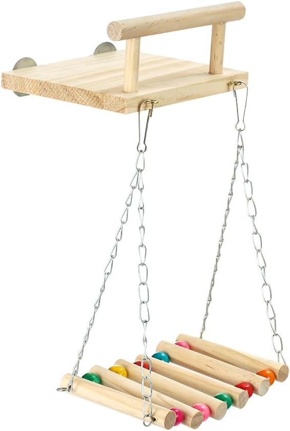 Plataforma de madera con percha y columpio mordedor para periquitos y cotorras