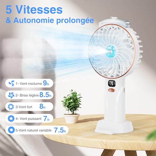 Ventilateur Portable - 4000mAh Mini Ventilateur Bureau Brumisateur,5 Vitesses,Fan Rechargeable USB avec Base,Affichage LED,Usage Sans Fil,pour Études,Travail,Voyages,Camping,Cadeau d'été – Image 4