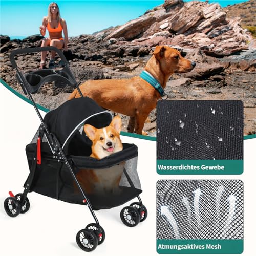 2in1 Hundewagen bis 15 kg, Hundebuggy mit 1 Getränkehaltern, Hundebox Transporttasche Faltbar klappbar mit Feststellbremse, Bollerwagen für Hunde, 48 cm * 68 cm * 95cm (Schwarz)