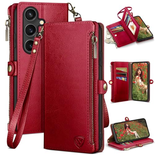 Image of XcaseBar Compatible with Samsung Galaxy S25 Wallet case with Zipper Credit Card Holder【RFID Blocking】,Flip Folio Book PU Leather Phone case Shockproof Cover Women Men for Samsung S25 case Red
