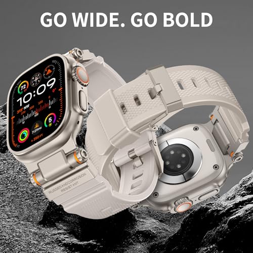 Image of FOAMUNOC Rugged Band Compatible with Apple Watch Ultra 3 /2 /1 Band 49mm /46mm /45mm /44mm /42mm, Metal Connector with Strap for iWatch Ultra Series 11 /10 /9 /8 /7 /6 /SE3 /SE2 /SE /5 /4 /3 /2 /1, Starlight /Titanium