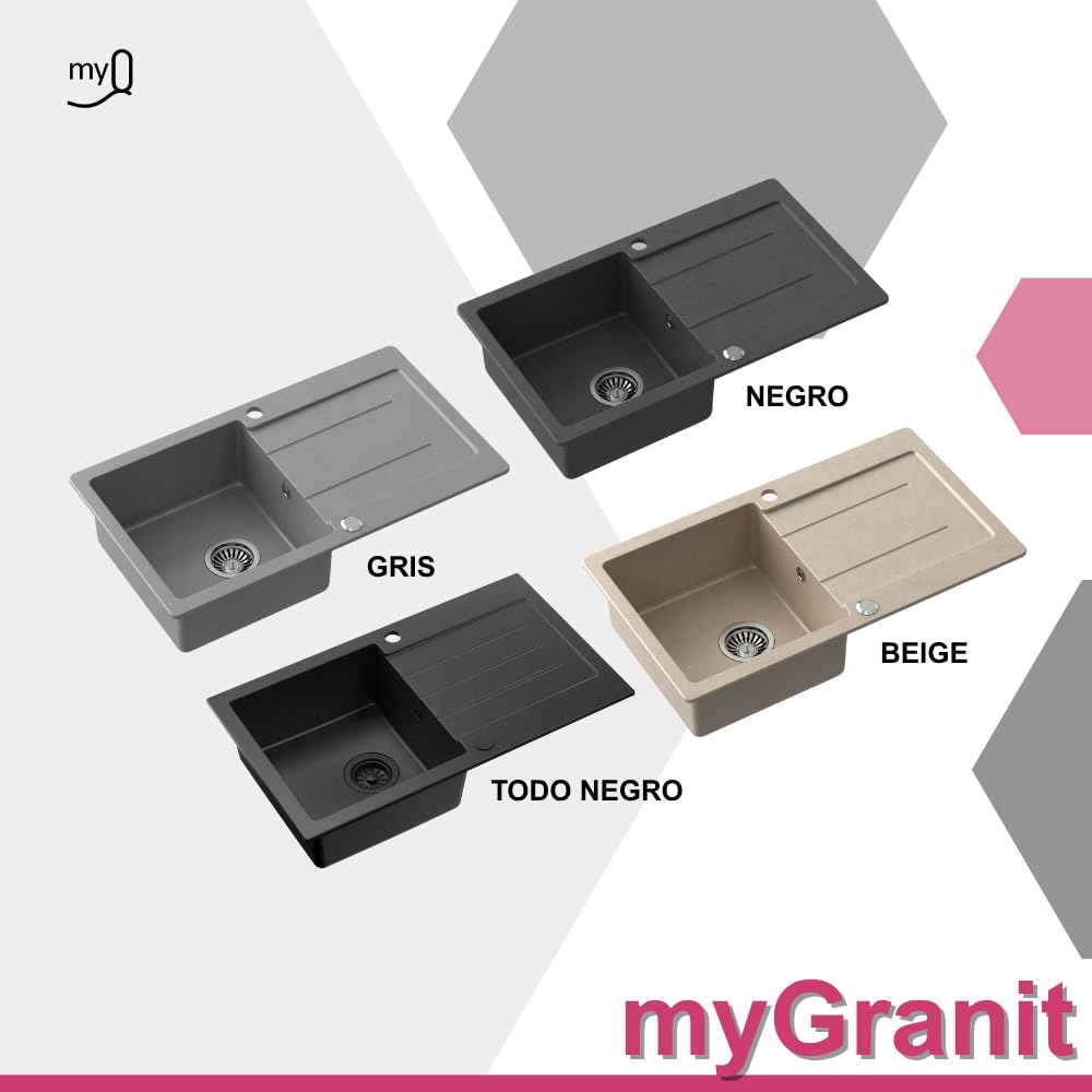 MyQ Fregadero de granito | tamaño: 77 x 44 x 18,5 cm, color: beige | PARIS 11 Fregadero de cocina Fregadero de una cubeta con escurridor y sifón manual | para armarios a partir de 50 cm