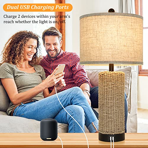 Beslowe Farmhouse Table Lamp For Bedroom, Set Of 2 Bedside Table Lamps With Handmade Seagrass Base And 2 Usb Ports, Rustic Rattan Nightstand Lamps For Coastal Living Room Home #TOP2