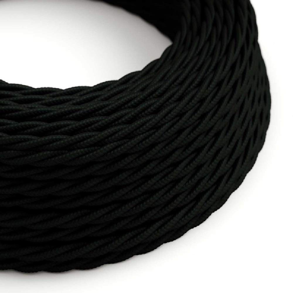 10 Metres - Black 3 Core Vintage Retro Italian Braided Twisted Lighting Cable | Woven Silk Rayon | Flexible Wire Cord | Pendants - Table Lamps - Floor Lighting | UK & European Approved Standards