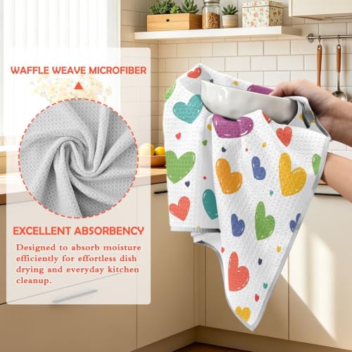 Paños de cocina absorbentes de microfibra de gofre con corazones boho 4