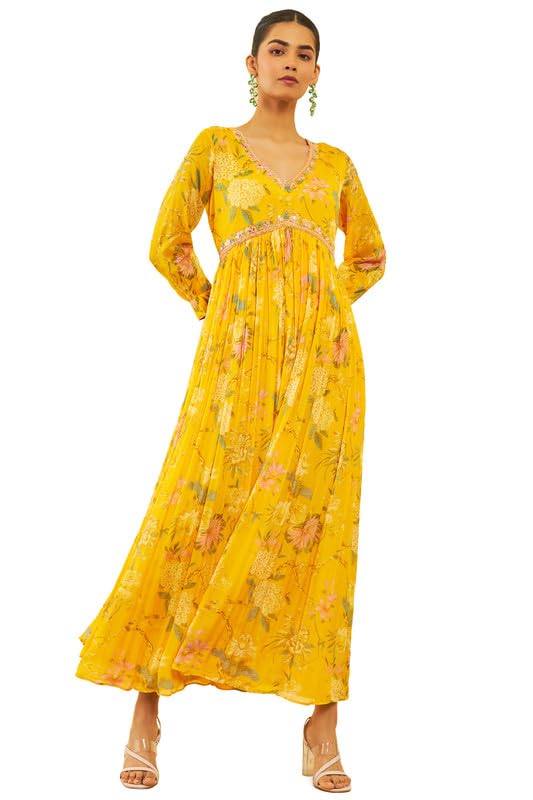 soch Womens Yellow Chinon Floral Printed Ethnic Dress with Mirror Work-picture-13