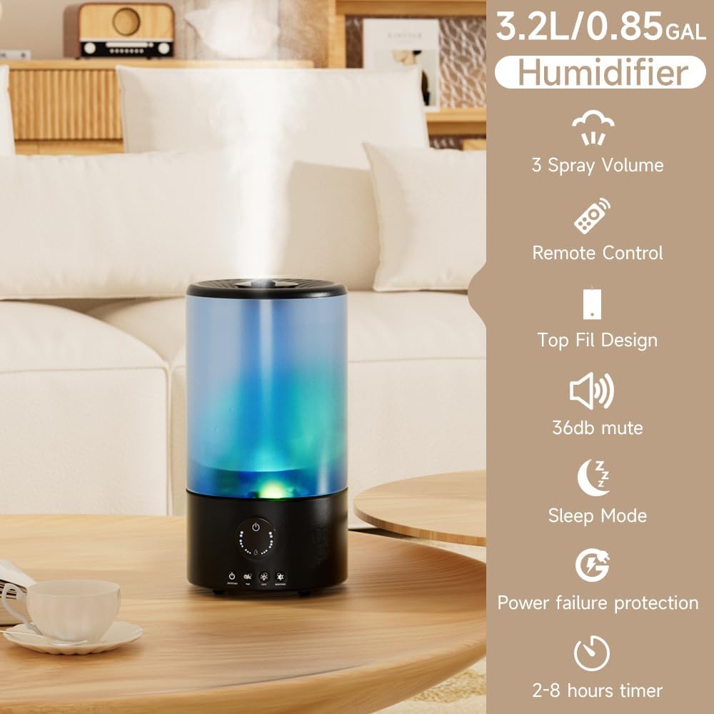 3.2L Cool Mist Humidifier for Home Bedroom Plant and Baby Nursery, Humidifier with 360° Nozzle and Colorful Gradient Light, Auto Shut-Off