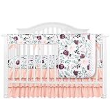 4PCS Crib Bedding Set Baby Minky Blanket Nursery Bed Skirt Set Set for Baby Girls & Boys (Pink Wine Floral, 4pc Set)