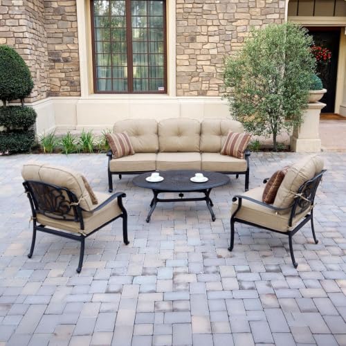 Darlee Elisabeth 4 Pc Cast Aluminum Seating Set w/ 46 X 31 Inch Oval Table & Throw Pillows in Antique Bronze/Beige Canvas