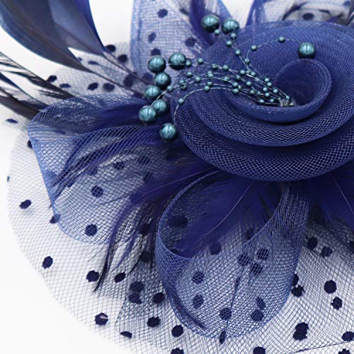 Wheebo Fascinator Hat Flower Feather Mesh Net Veil Party Wedding Headband for Women Girls (A-Navy Blue)