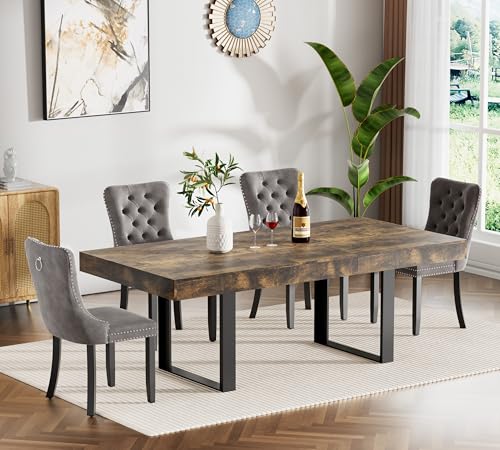 Image of Rustic Brown Dining Room Table Set for 4, 5-Piece 63 inch-78.74 inch Extendable Dining Table Set with 4 Upholstered Chairs, Rectangle Wooden Expanding Kitchen Table and Grey Chairs Set