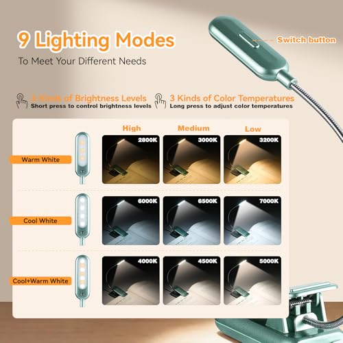 Image of VAVOFO Rechargeable Book Light for Reading in Bed Kids, 7 LED Reading Light with 9-Level Warm Cool White Daylight, Eye Care Lamp with Power Indicator for Bookworms (Silver Green)