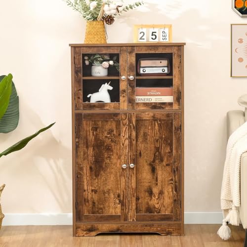 Iwell Storage Cabinet, Bathroom Cabinet with Glass Doors and Adjustable Shelf, Floor Cabinet for Living Room, Kitchen, Entryway, Rustic Brown